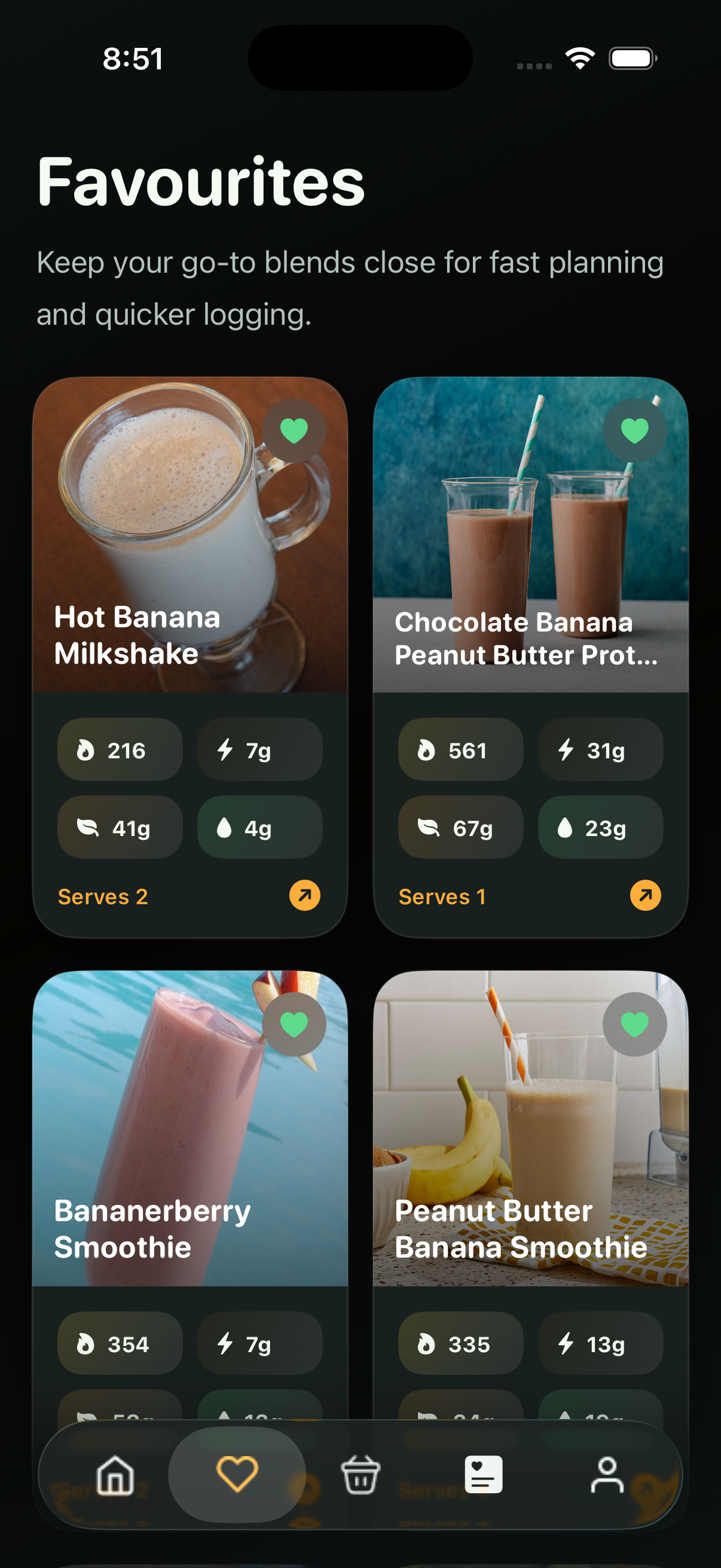 Saved smoothie recipes screen