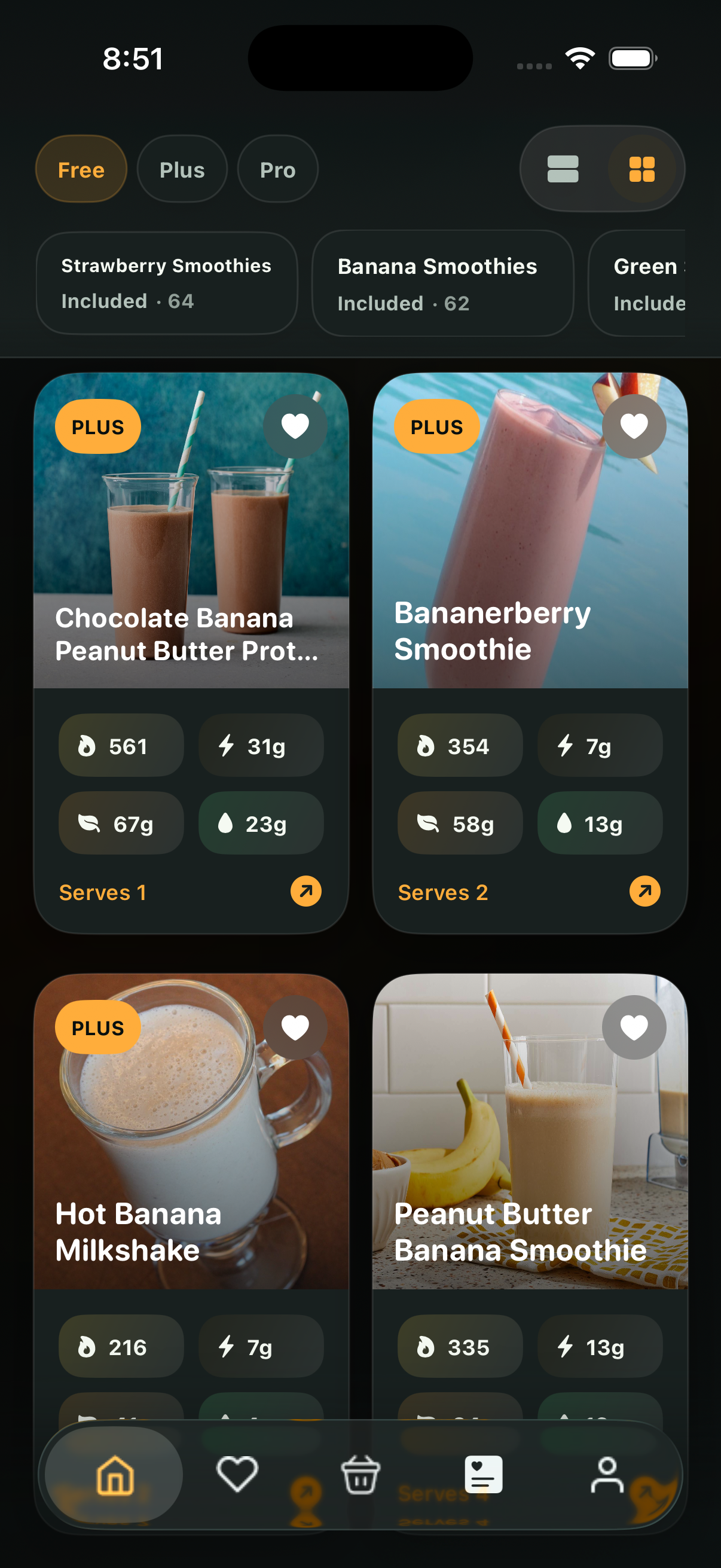 Smoothie Recipes iPhone app showing recipe cards