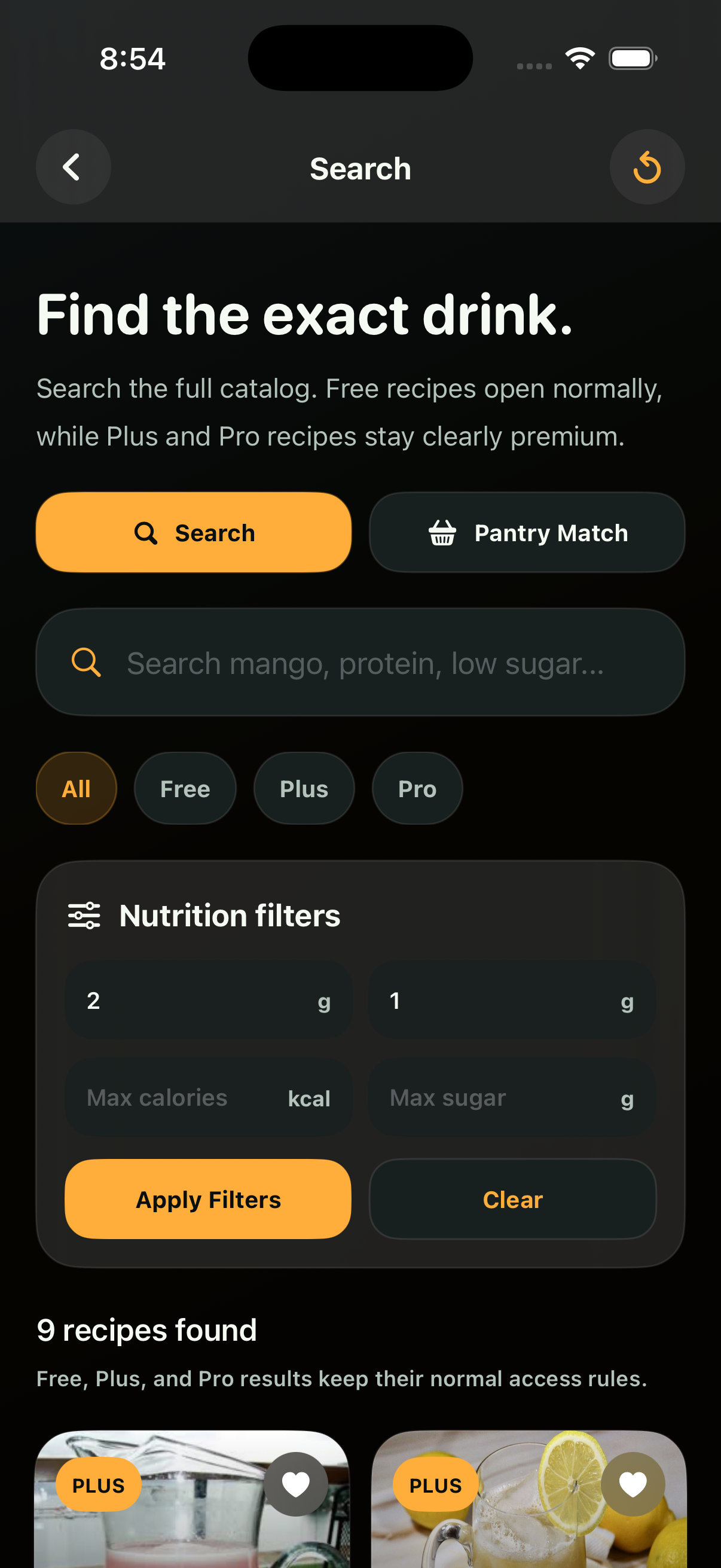 Smoothie search and discovery screen
